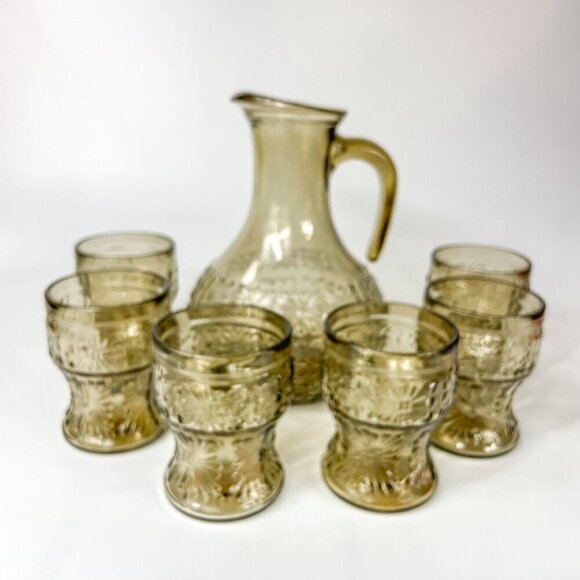 Vintage Italian Smoky Amber Glass Embossed Floral Design Pitcher 6 Tumblers Set - Picture 2 of 9